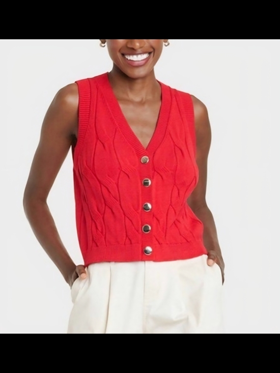 a new day Sweaters - a new day Red Cable-Knit V-Neck Button Front Sweater Vest